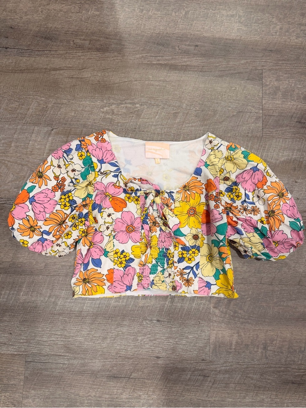 Us Together Floral Boho Crop Top 100% Cotton Puff Sleeve Cottagecore Hippie Sz L - Picture 2 of 9